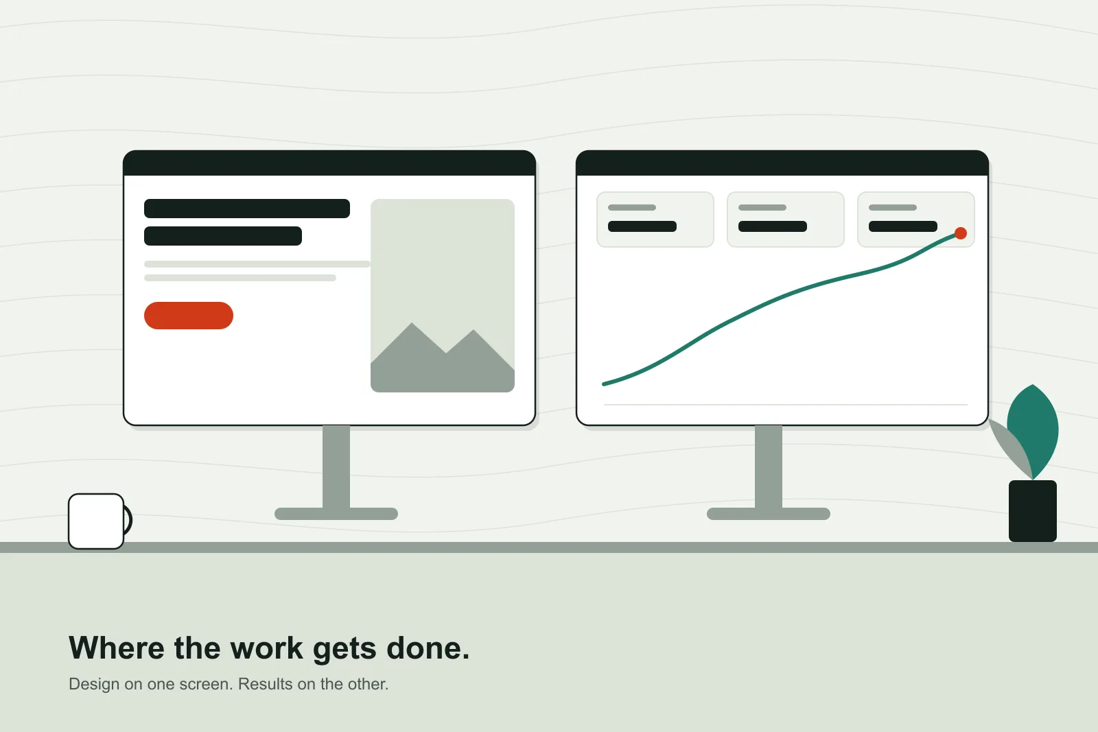 Two screens, one showing a website design and one showing results