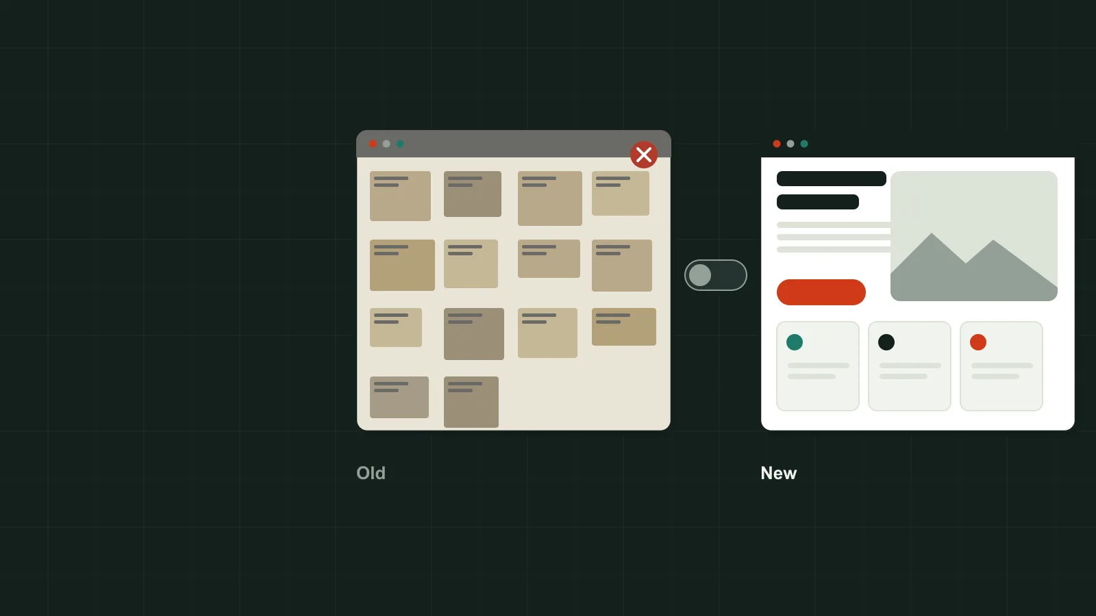 An old cluttered website next to a clean modern one