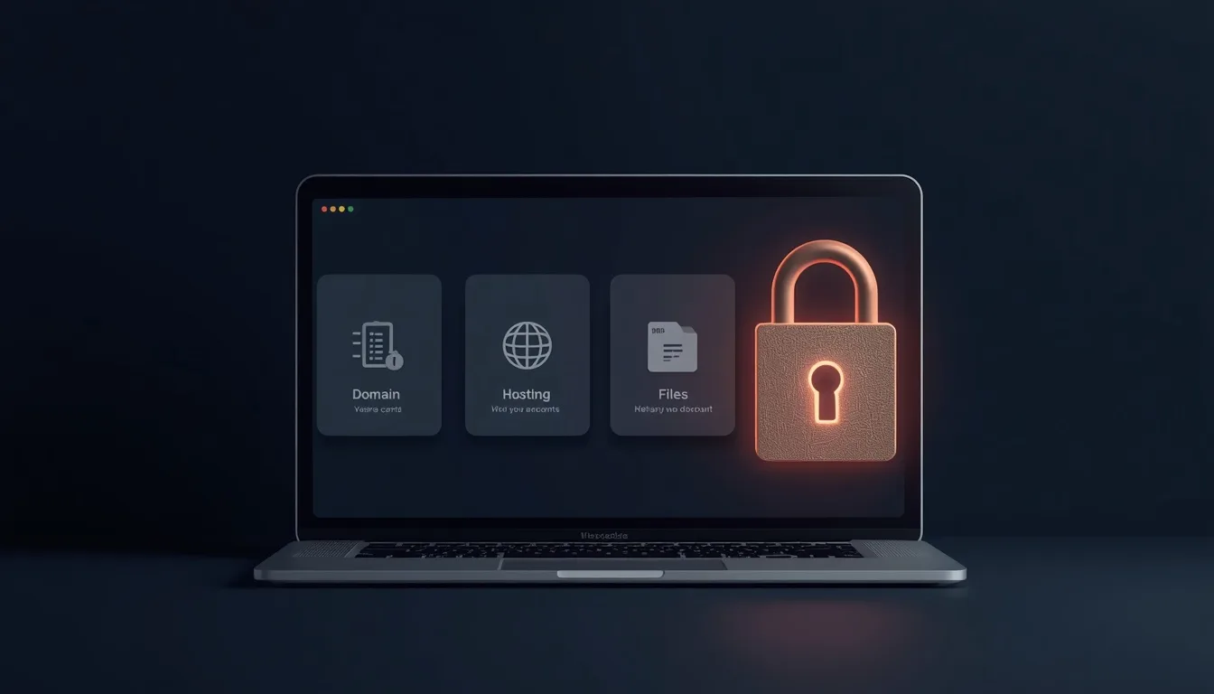 A website settings page with a padlock over domain, hosting and files