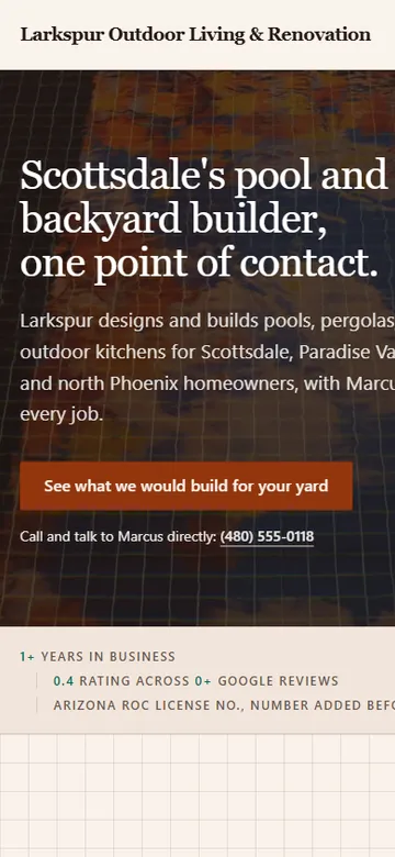 The Larkspur Outdoor Living website on a phone